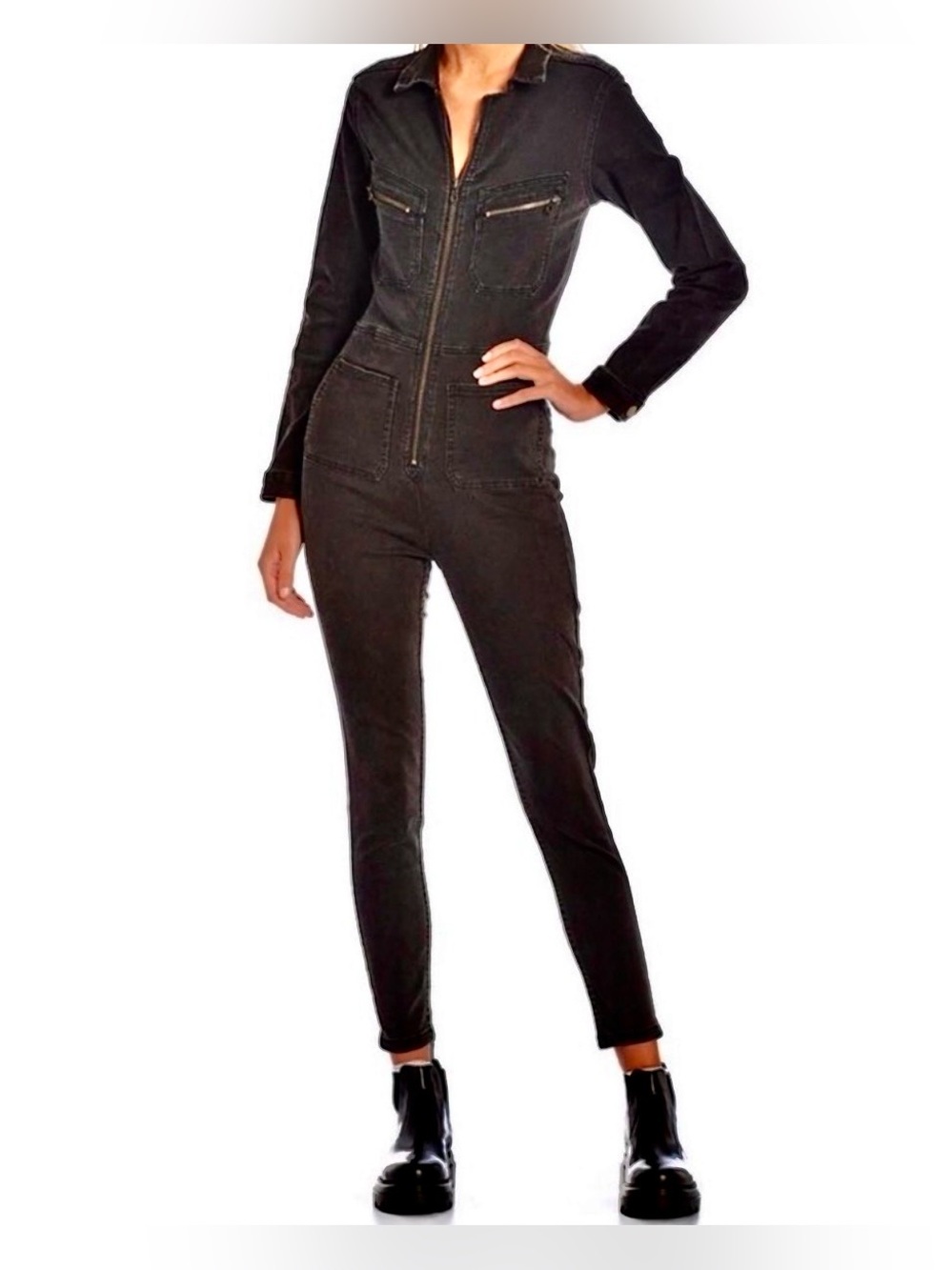 Free People Black Zip-Front Slim Jumpsuit stone washed. New size XS.